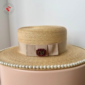 Gucci Notte Pearl Embellished Straw Hat in Beige